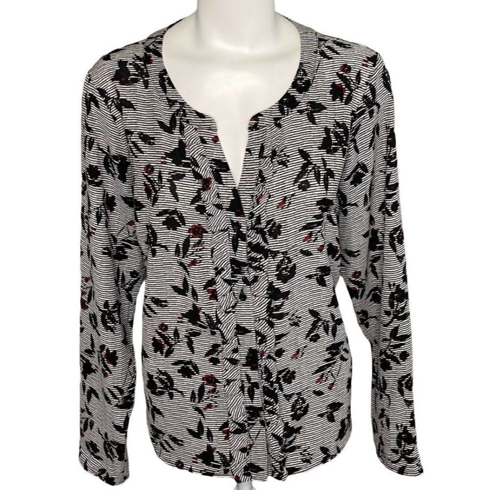 Candie's Blouse Top Women's XL Black White Red Button-Front Split-Neck Floral